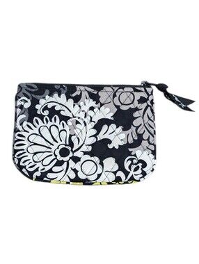 Vera Bradley "Baroque" Small Zip Coin Pouch Wallet Black White Floral Quilted